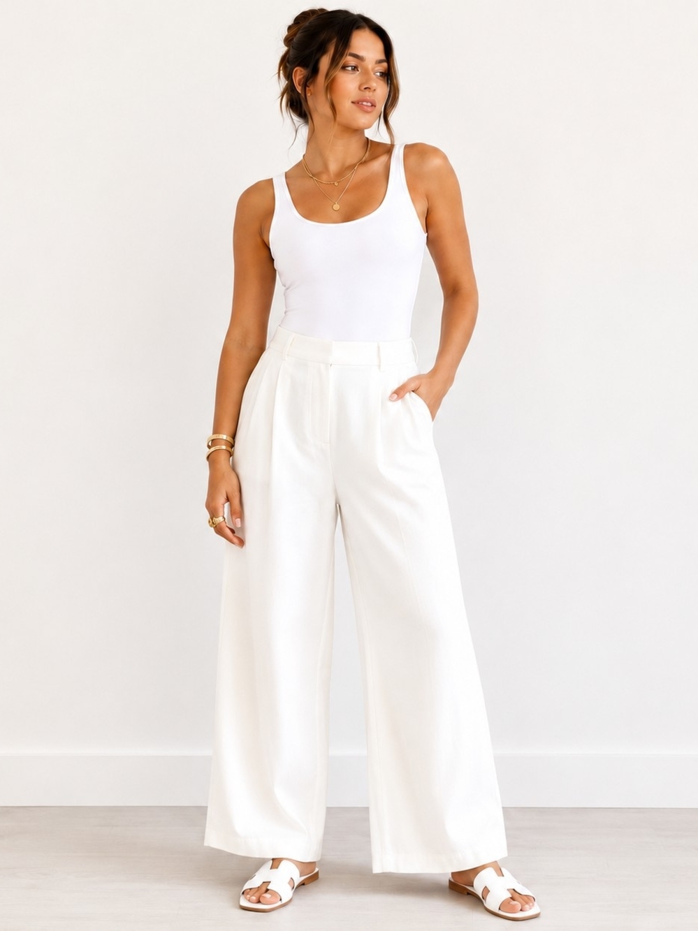 White Wide Leg Pants Size L NWOT High Rise Resort Sorority Rush